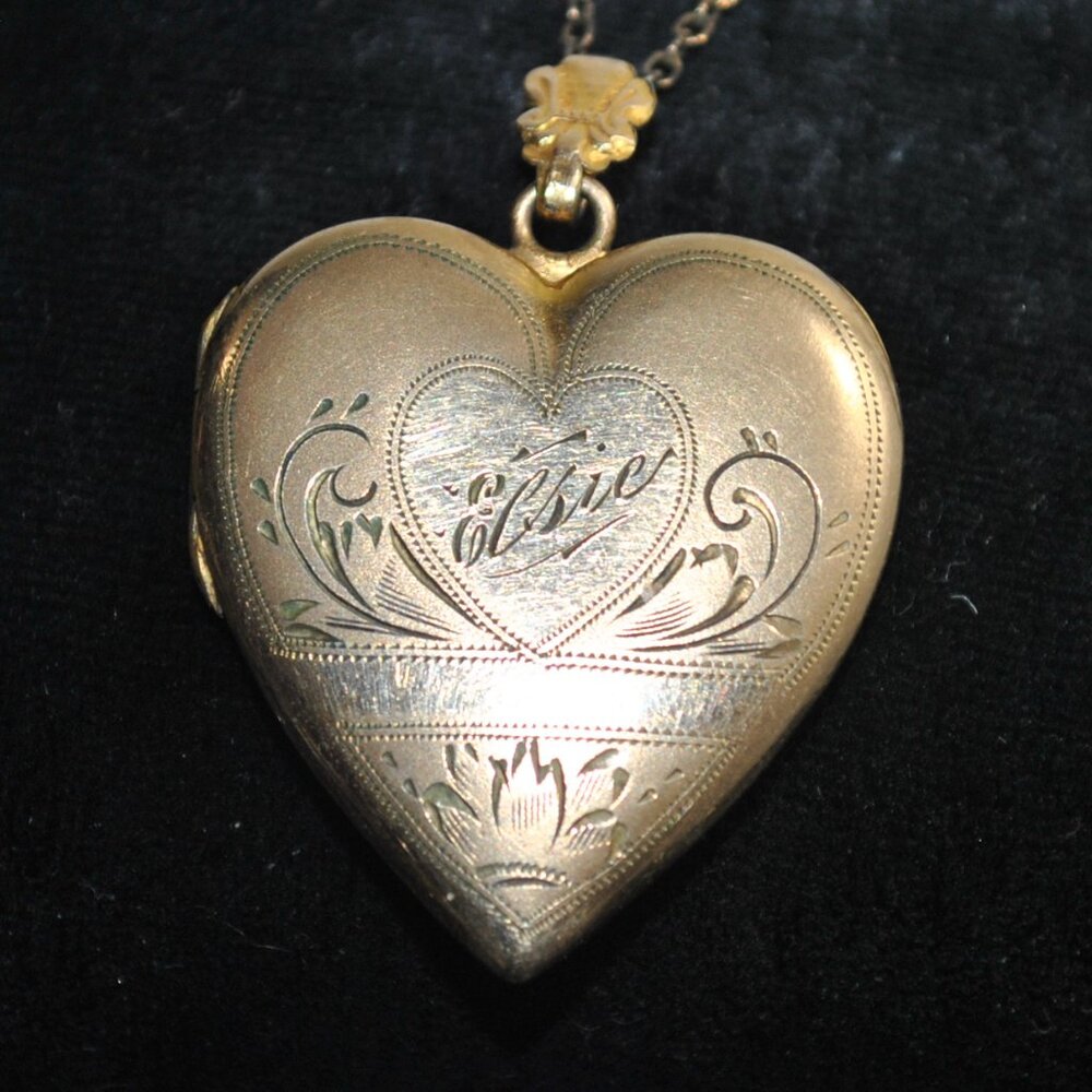 Vintage Engraved GF Heart Locket "Elsie" "7th Anniversary Ray" Man & Dog Photos